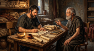 Arrian writing the Discourses and Enchiridion based on the teachings of Epictetus