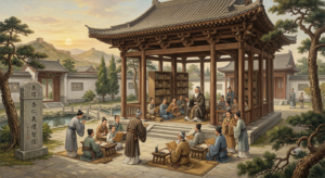 Confucius educating students in ancient Chinese academy